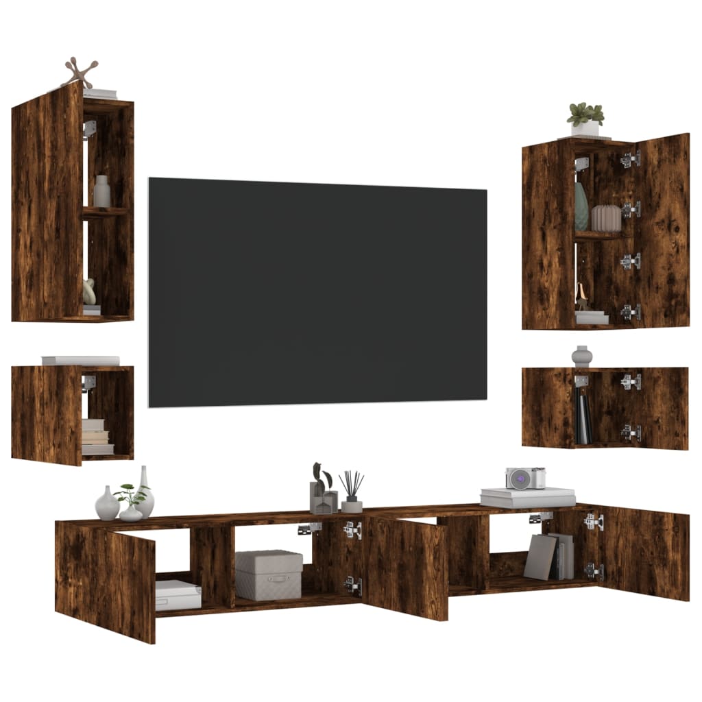 vidaXL 6 Piece TV Wall Cabinets with LED Lights Smoked Oak