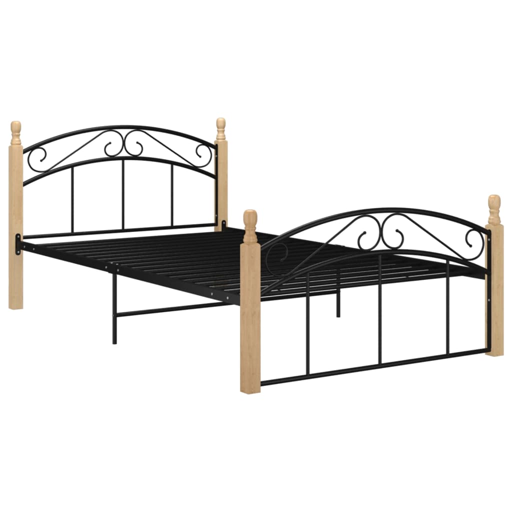 vidaXL Bed Frame Black Metal and Solid Oak Wood 120x200 cm