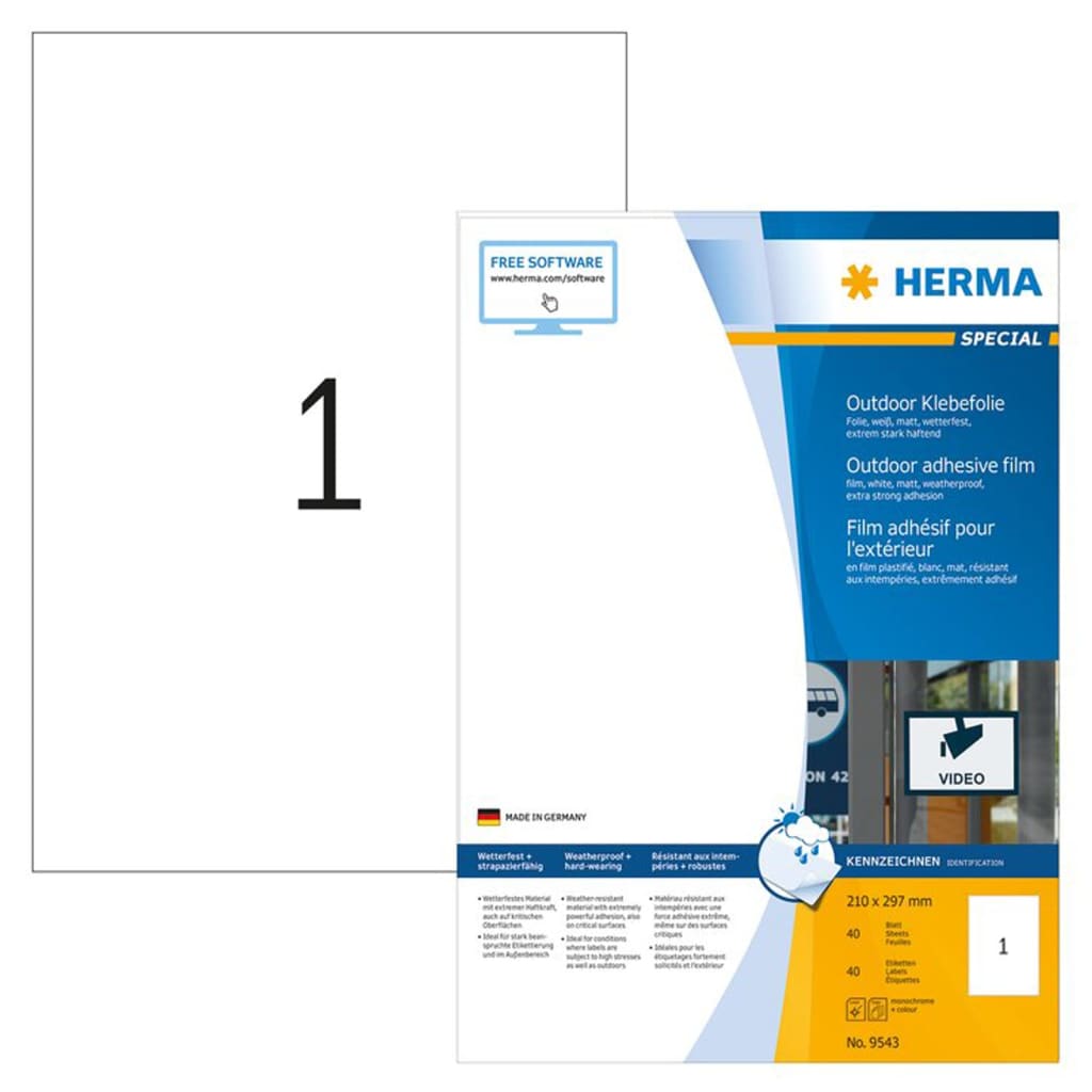 HERMA Weatherproof Outdoor Film Labels A4 210x297 mm 40 Sheets White
