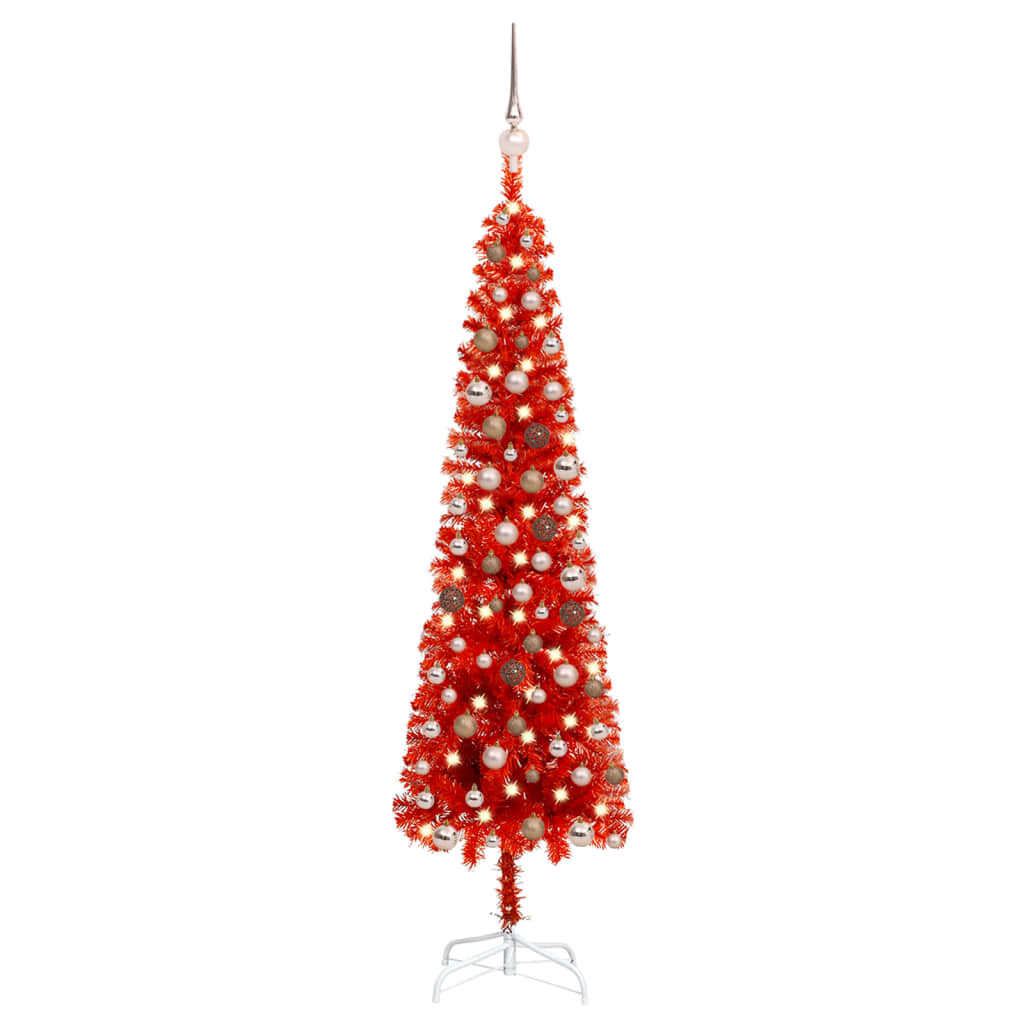 vidaXL Slim Pre-lit Christmas Tree with Ball Set Red 150 cm