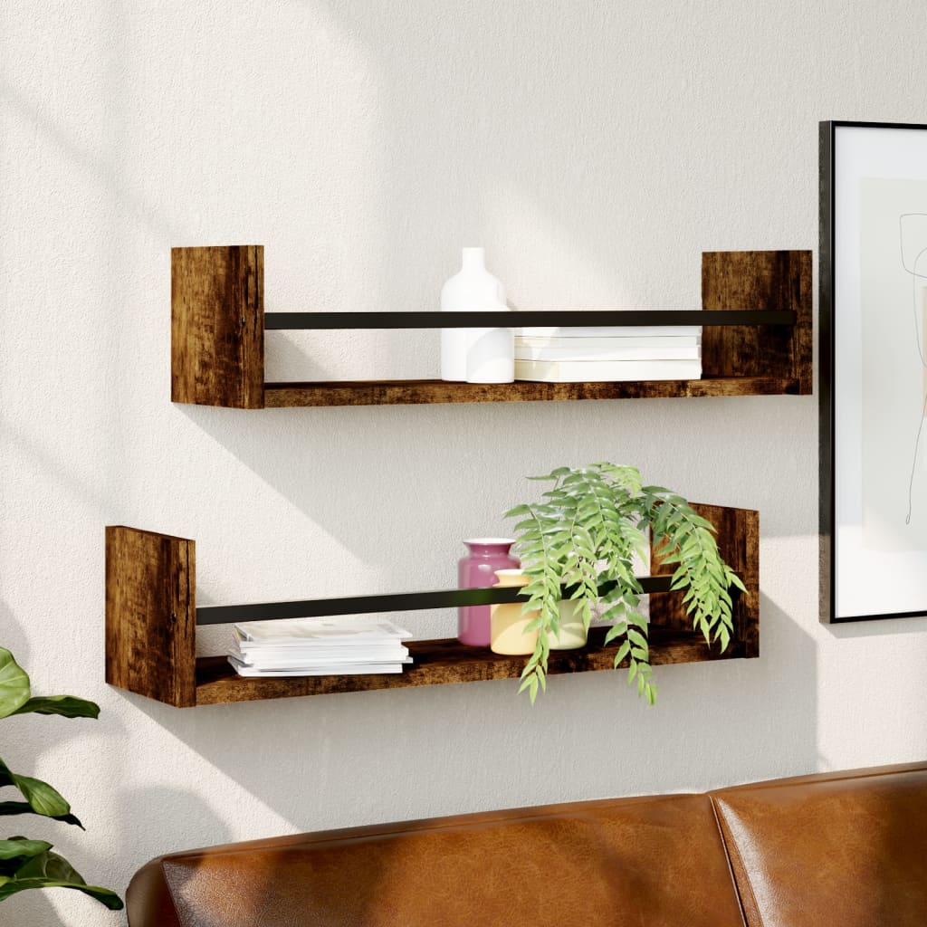 vidaXL Wall Shelves with Bars 2 pcs Smoked Oak 60x16x14 cm