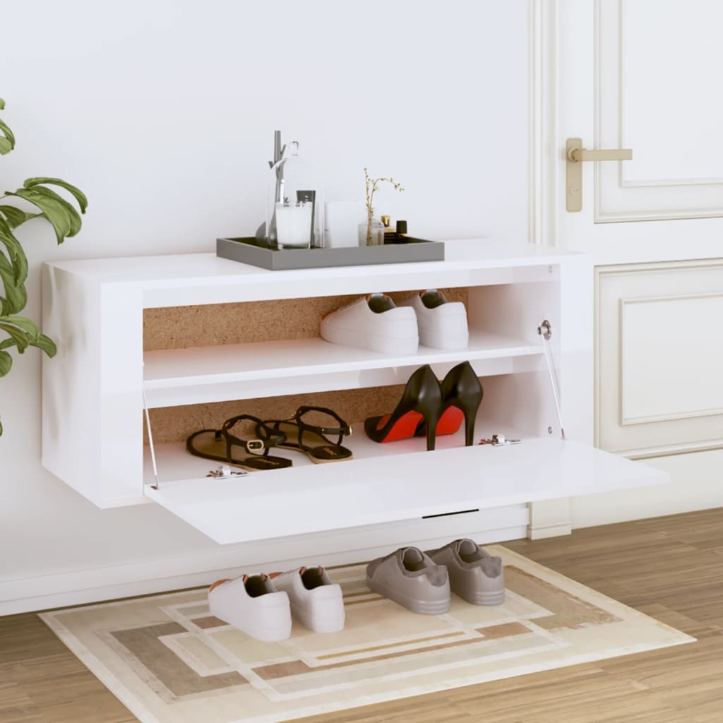 vidaXL Wall Shoe Cabinet High Gloss White 100x35x38 cm Engineered Wood