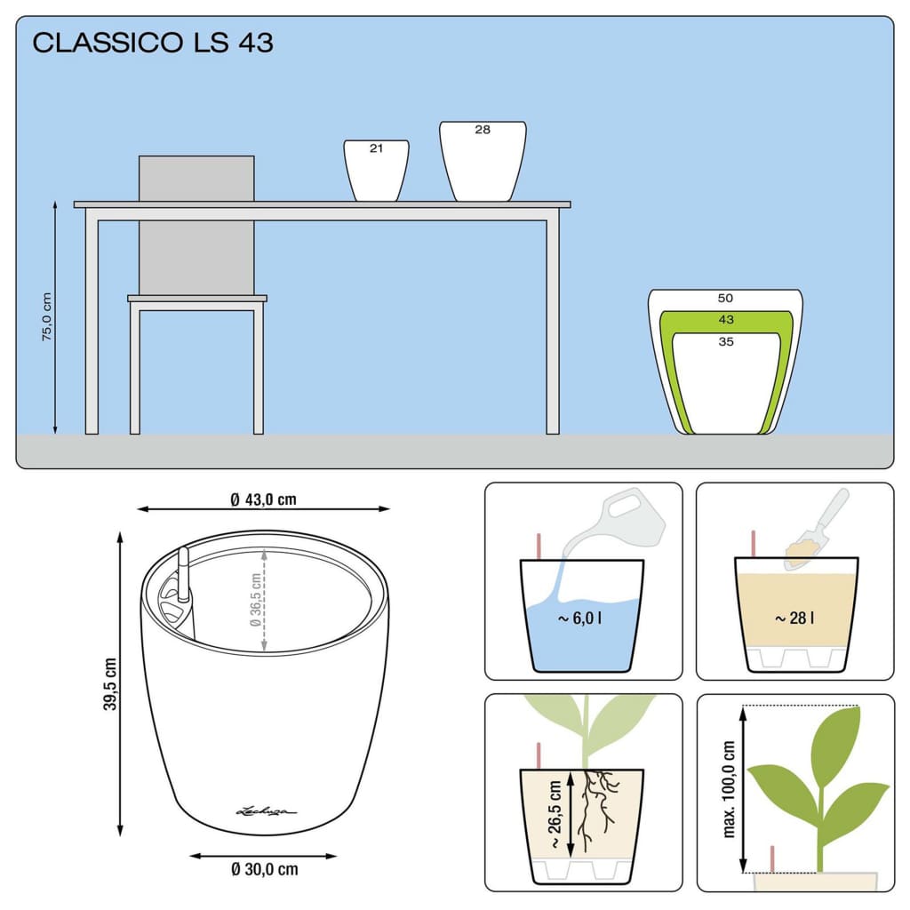 LECHUZA Planter CLASSICO LS 43 ALL-IN-ONE High-Gloss White 16080
