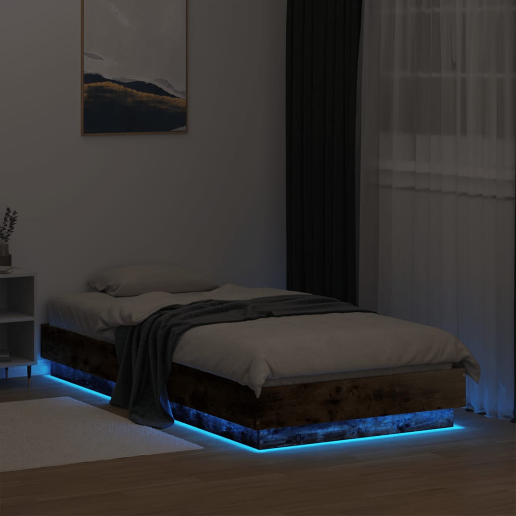 vidaXL Bed Frame with LED Lights Smoked Oak 75x190 cm Small Single