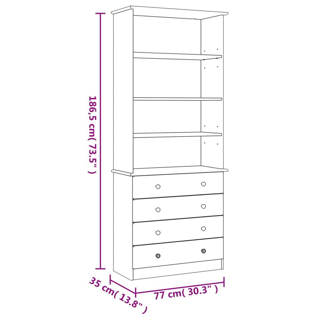 vidaXL Bookcase with Drawers ALTA White 77x35x186.5 cm Solid Wood Pine