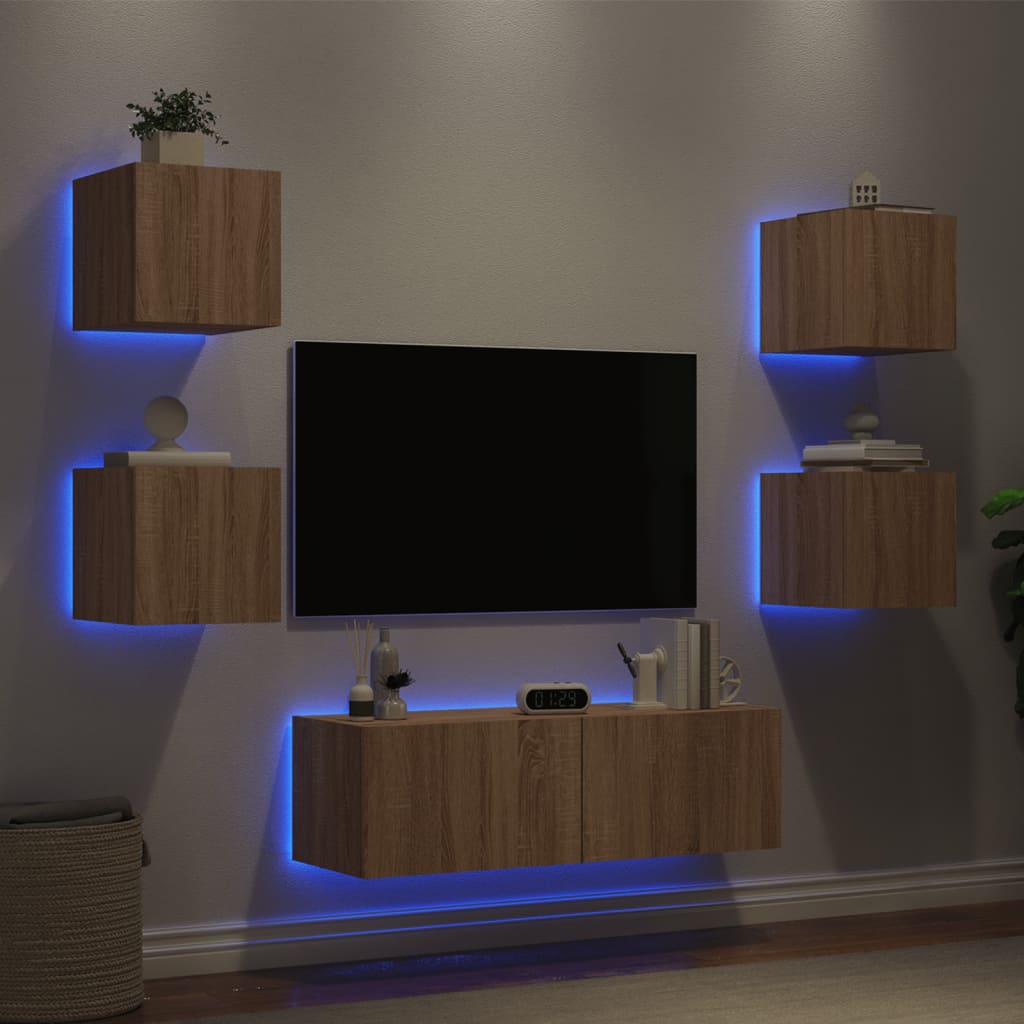 vidaXL 5 Piece TV Wall Cabinets with LED Lights Sonoma Oak