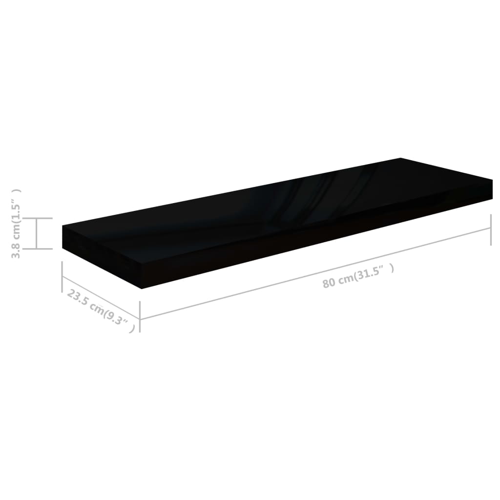 vidaXL Floating Wall Shelves 2 pcs High Gloss Black 80x23.5x3.8 cm MDF
