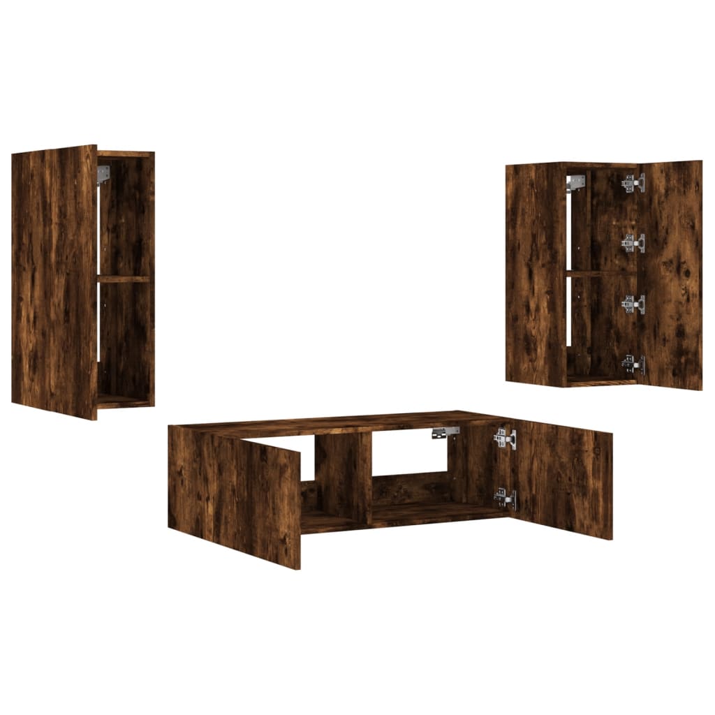 vidaXL 3 Piece TV Wall Cabinets with LED Lights Smoked Oak