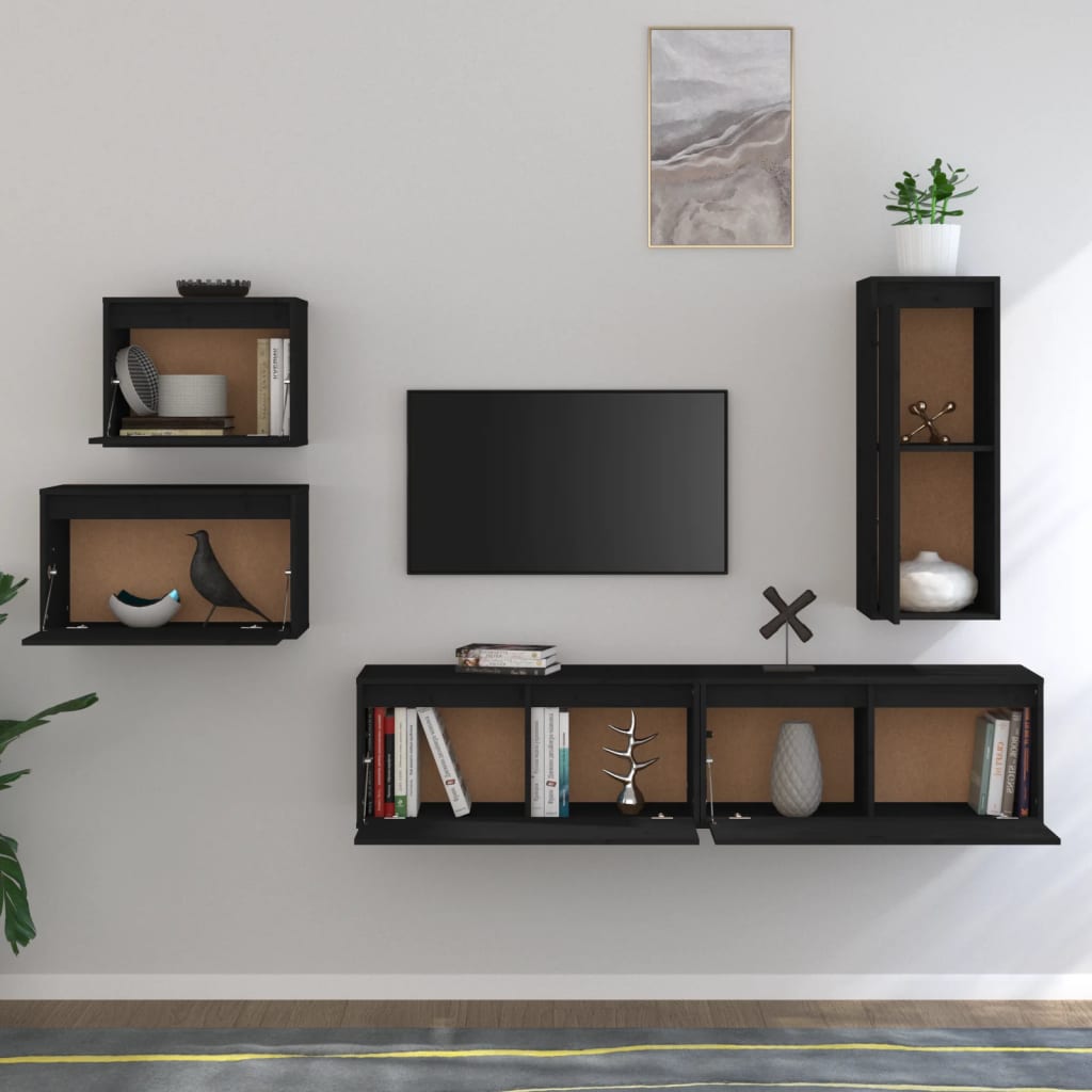 vidaXL TV Cabinets 5 pcs Black Solid Wood Pine