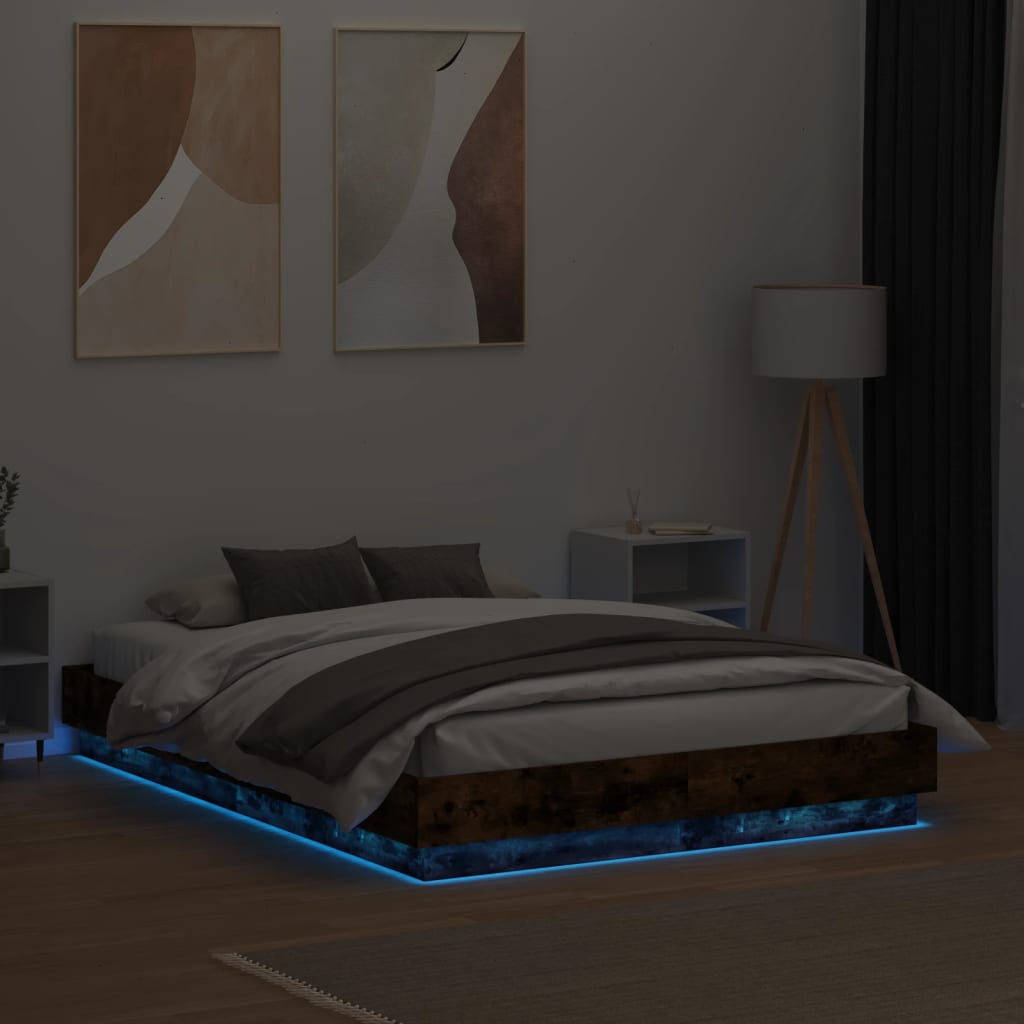 vidaXL Bed Frame with LED Lights Smoked Oak 120x190 cm Small Double