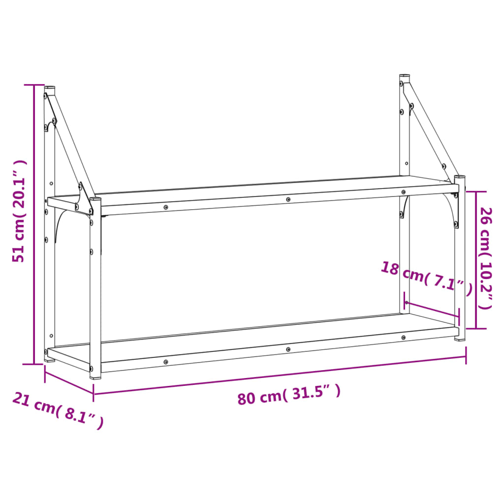 vidaXL 2-Tier Wall Shelf Grey Sonoma 80x21x51 cm Engineered Wood
