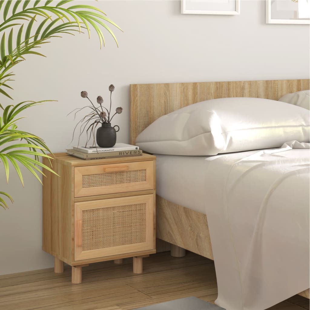 vidaXL Bedside Cabinet Brown Solid Wood Pine and Natural Rattan