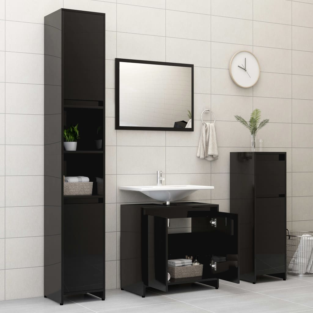 vidaXL Bathroom Furniture Set High Gloss Black Engineered Wood