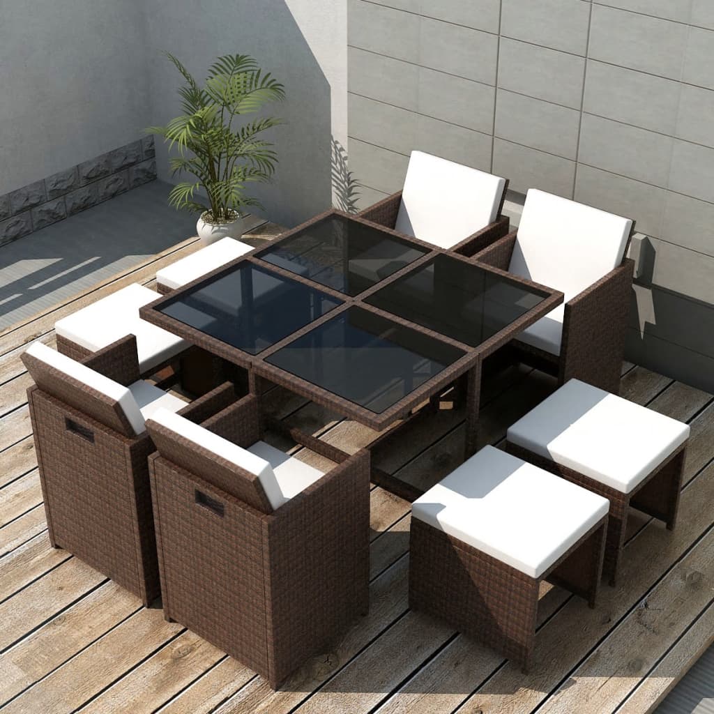 vidaXL 9 Piece Outdoor Dining Set with Cushions Poly Rattan Brown