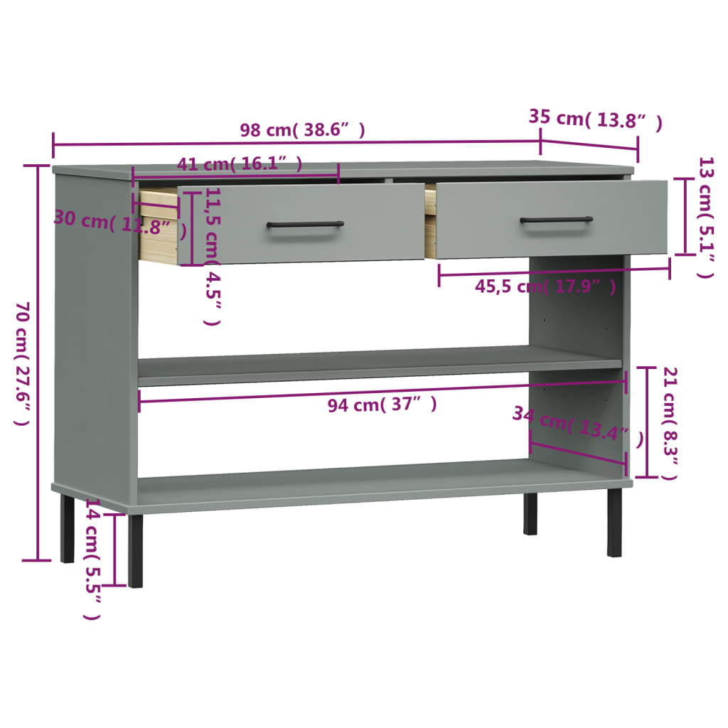 vidaXL Console Cabinet with Metal Legs Grey Solid Wood Pine OSLO