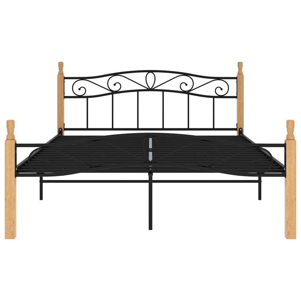 vidaXL Bed Frame Black Metal and Solid Oak Wood 160x200 cm