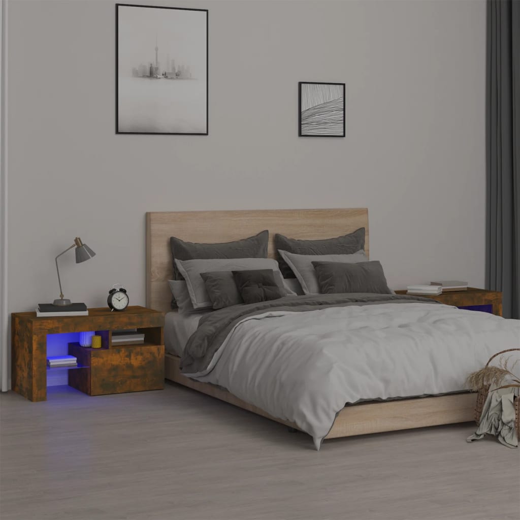 vidaXL Bedside Cabinets 2 pcs with LED Lights Smoked Oak 70x36.5x 40 cm