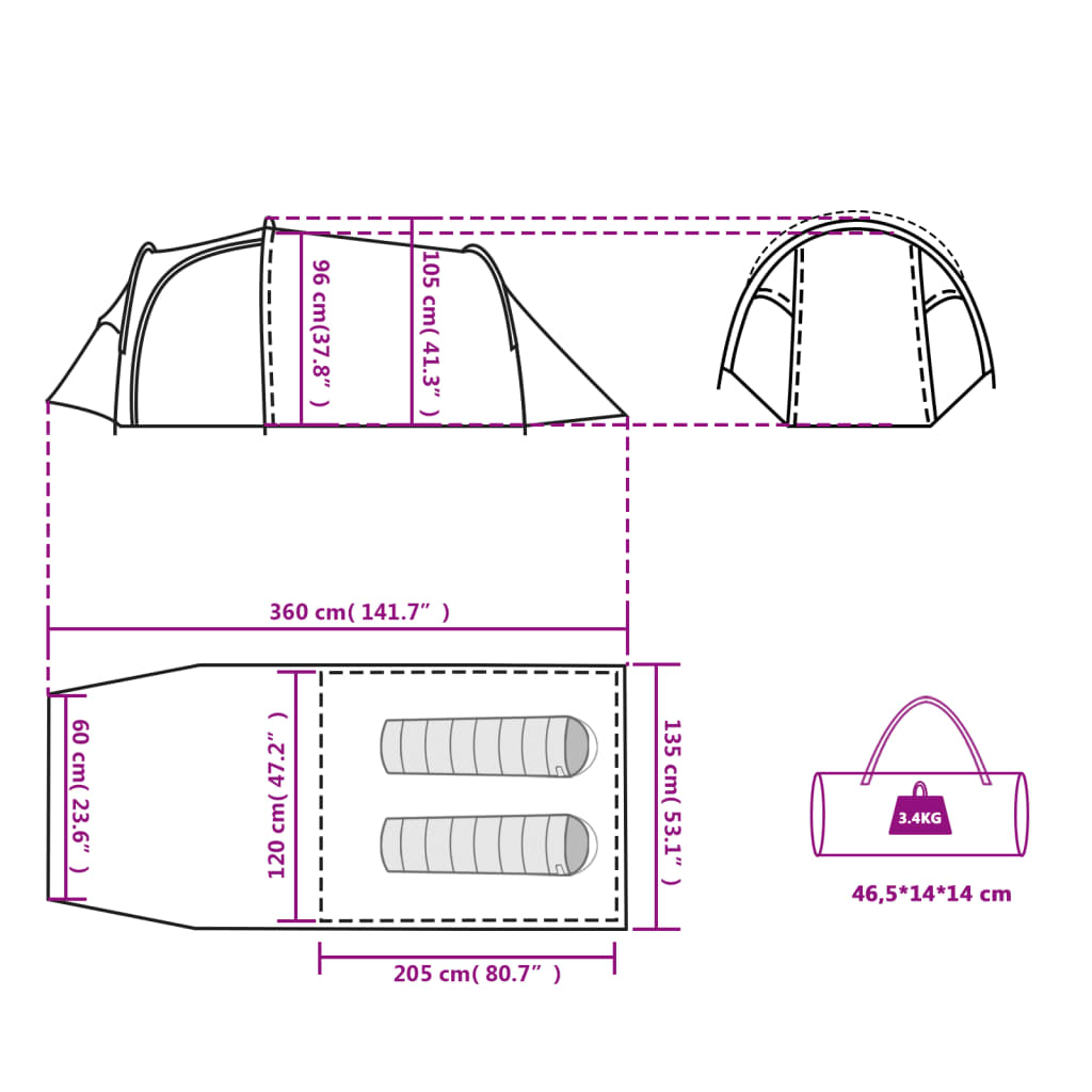 vidaXL Camping Tent 4 Persons Blue 360x135x105 cm 185T Taffeta