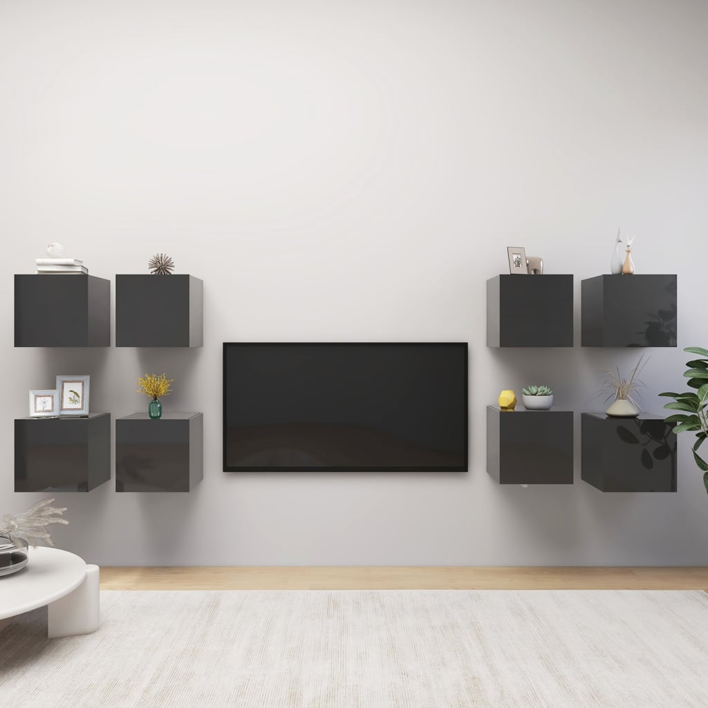 vidaXL Wall Mounted TV Cabinets 8 pcs High Gloss Grey 30.5x30x30 cm