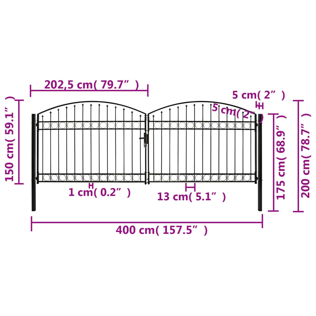vidaXL Fence Gate Double Door with Arched Top Steel 400x150 cm Black
