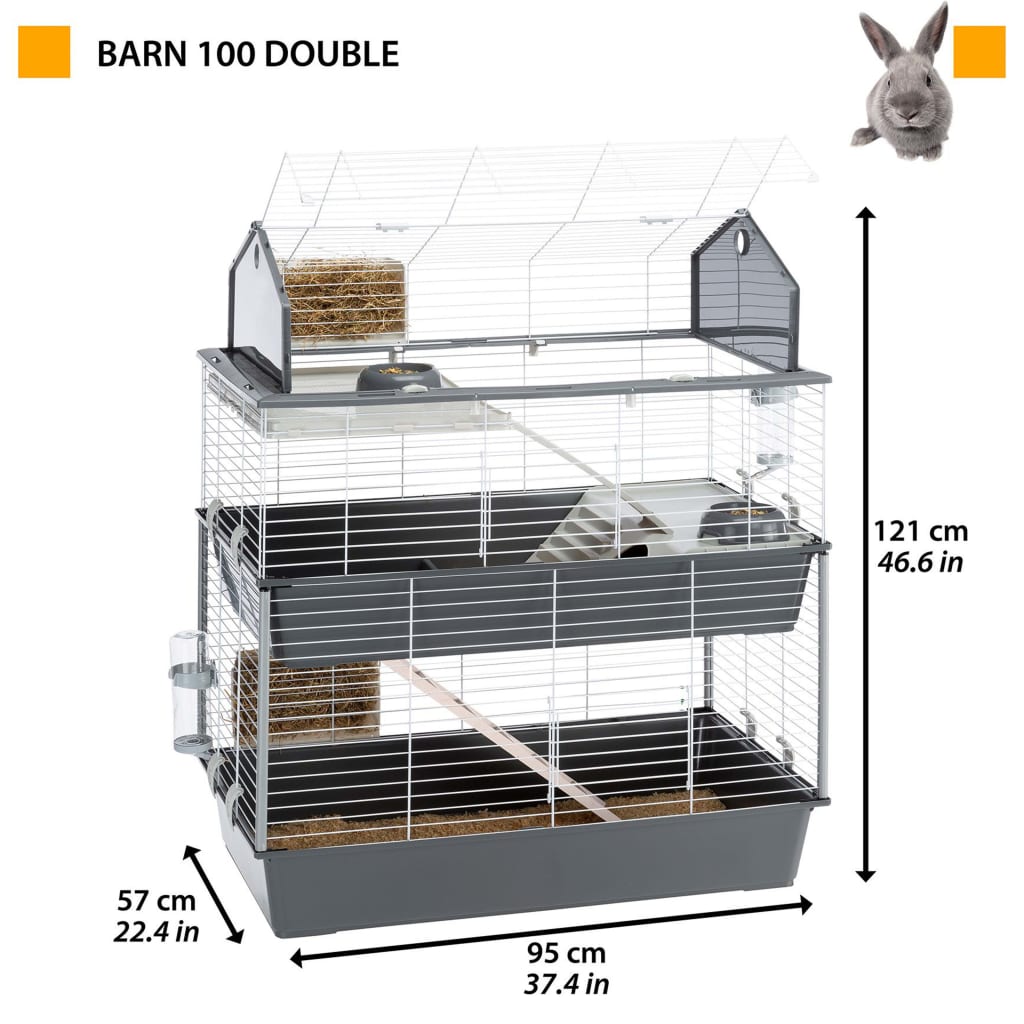 Ferplast Rabbit Cage Barn 100 Double 95x57x121 cm Grey vidaXL.co.uk