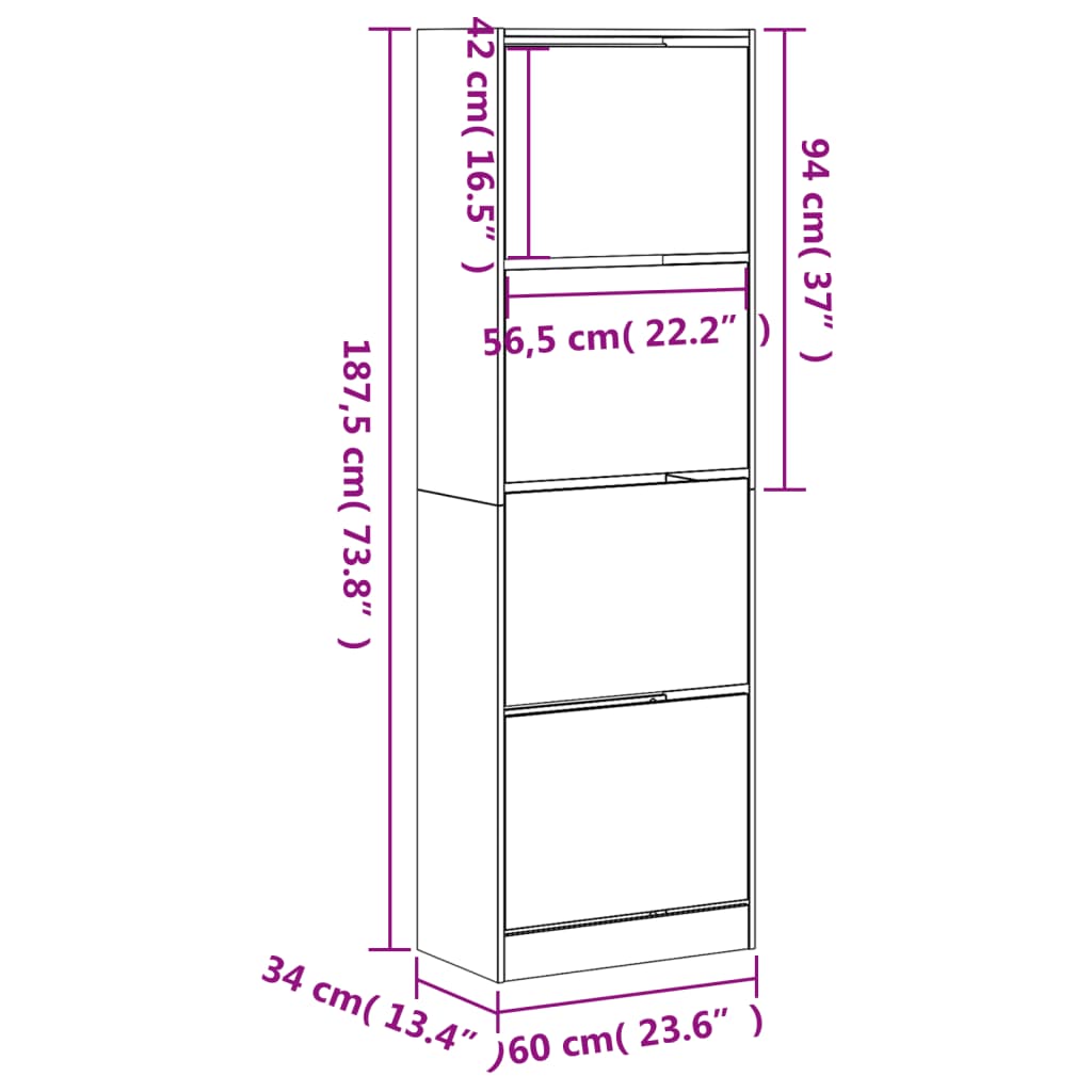 vidaXL Shoe Cabinet with 4 Flip-Drawers White 60x34x187.5 cm