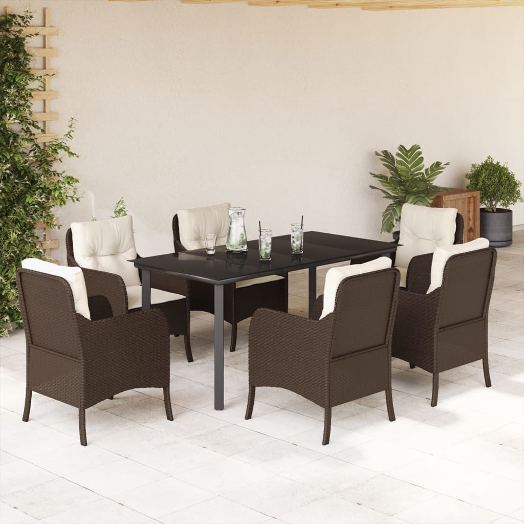 vidaXL 7 Piece Garden Dining Set with Cushions Brown Poly Rattan