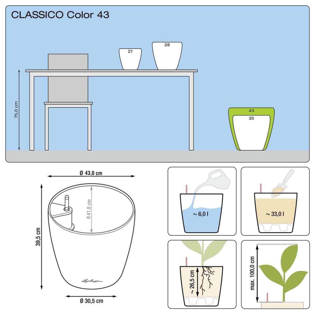 LECHUZA Planter Classico Color 43 ALL-IN-ONE White 13230
