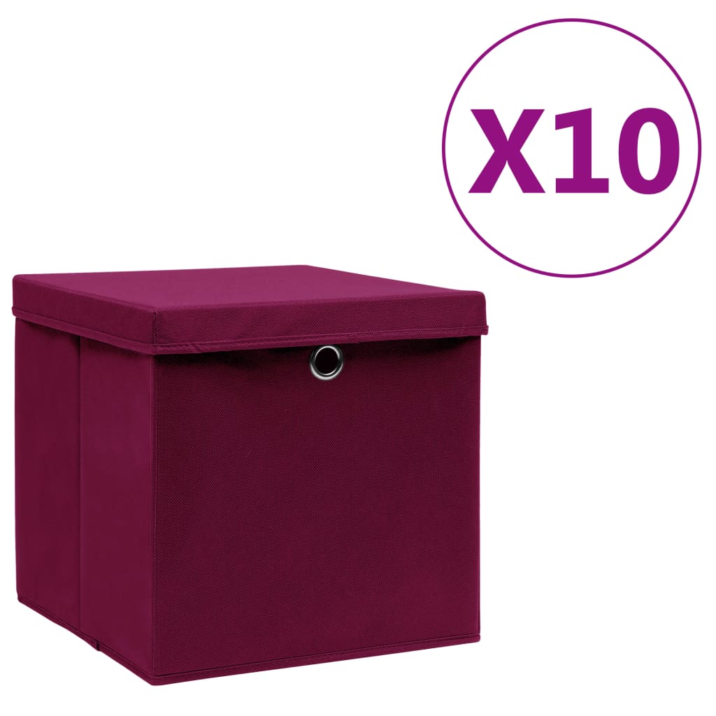 vidaXL Storage Boxes with Covers 10 pcs 28x28x28 cm Dark Red