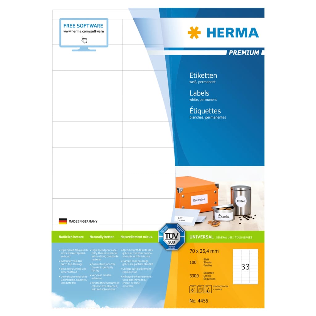 HERMA Permanent Labels PREMIUM A4 70x25.4 mm 100 Sheets
