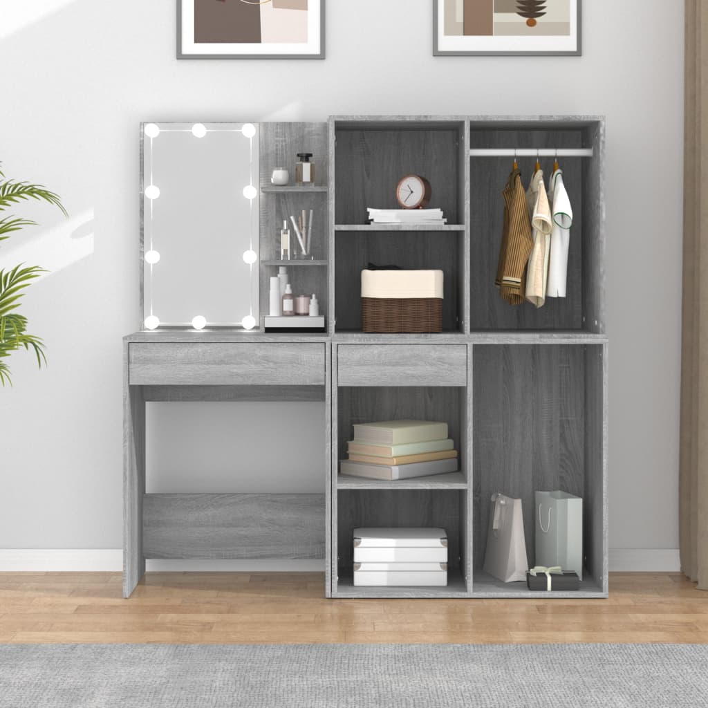vidaXL LED Dressing Table with Cabinets Grey Sonoma Engineered Wood