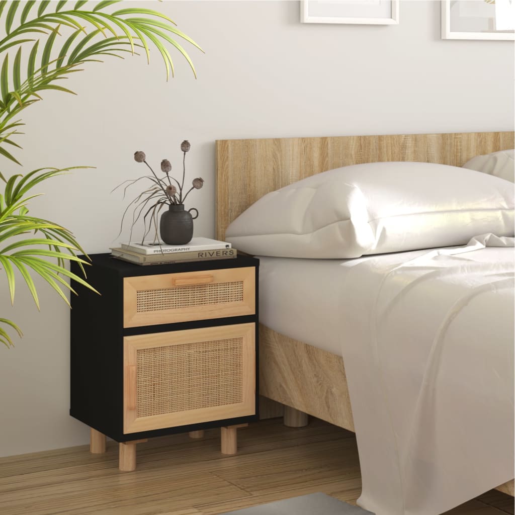 vidaXL Bedside Cabinet Black Solid Wood Pine and Natural Rattan