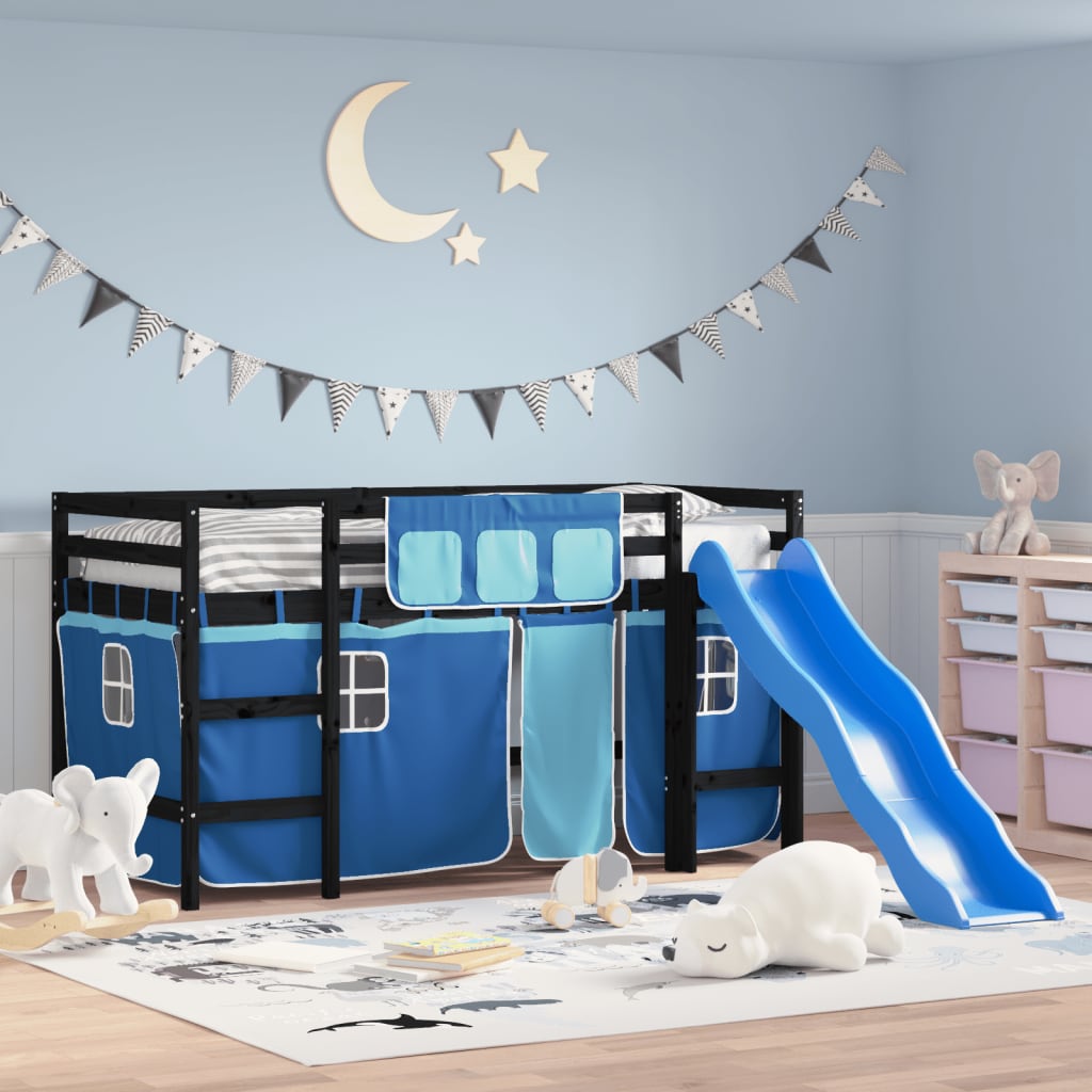 vidaXL Kids' Loft Bed with Curtains Blue 80x200 cm Solid Wood Pine