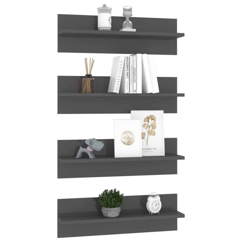 vidaXL Wall Shelf 4 pcs High Gloss Grey 60x11.5x18 cm Engineered Wood