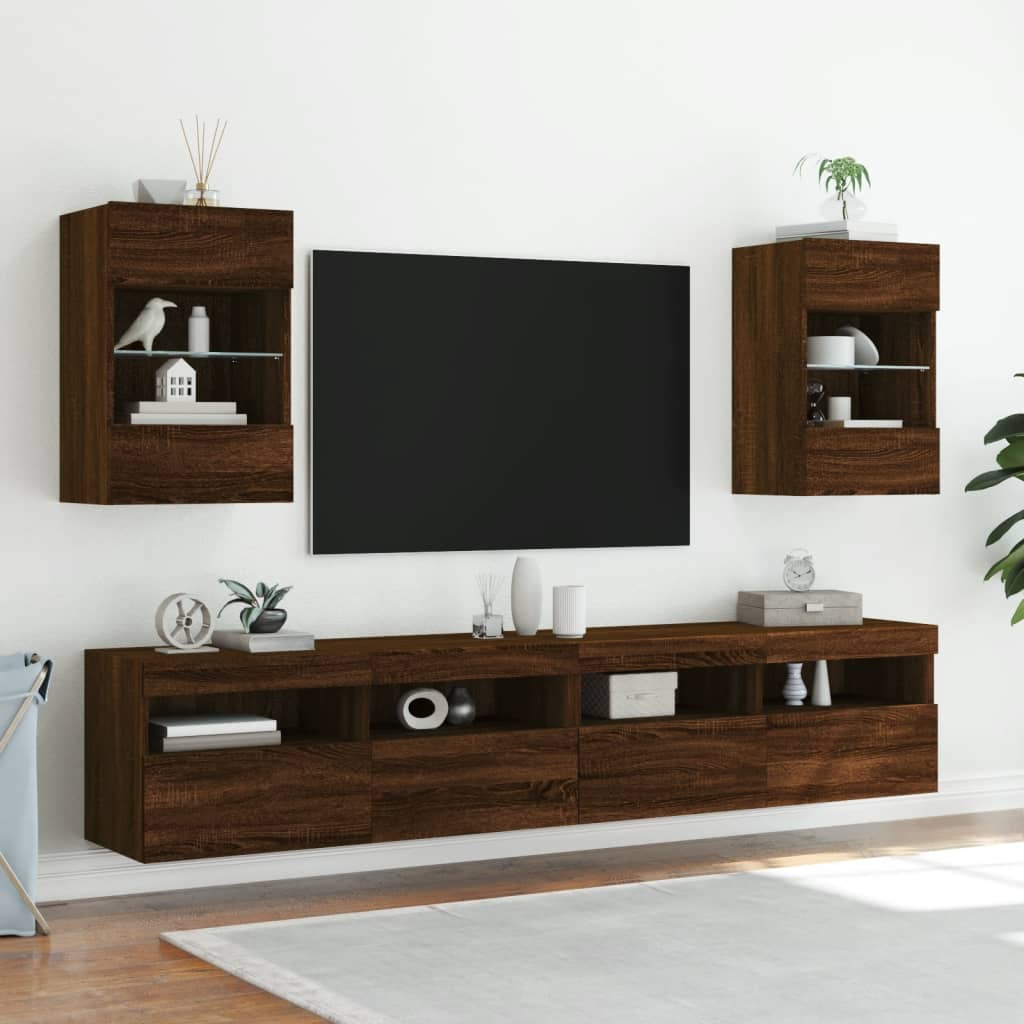 vidaXL TV Wall Cabinets with LED Lights 2 pcs Brown Oak 40x30x60.5 cm