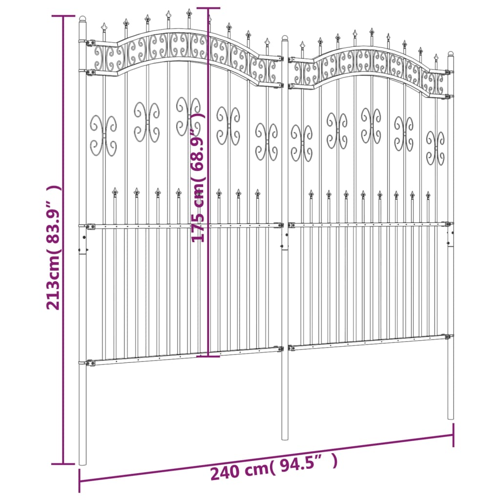 vidaXL Garden Fence with Spear Top Black 222 cm Powder-coated Steel