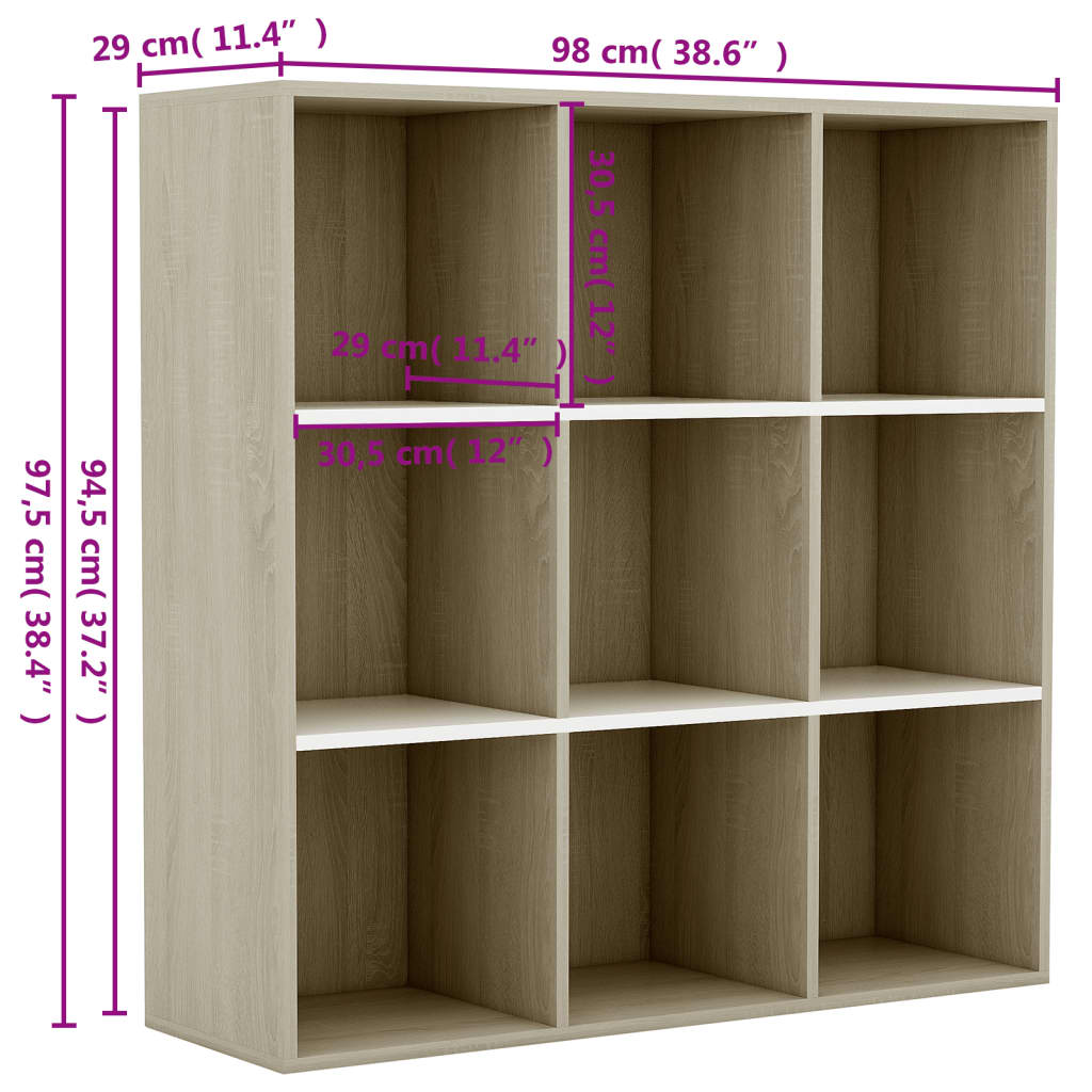 vidaXL Book Cabinet White and Sonoma Oak 98x29x97.5 cm Engineered Wood