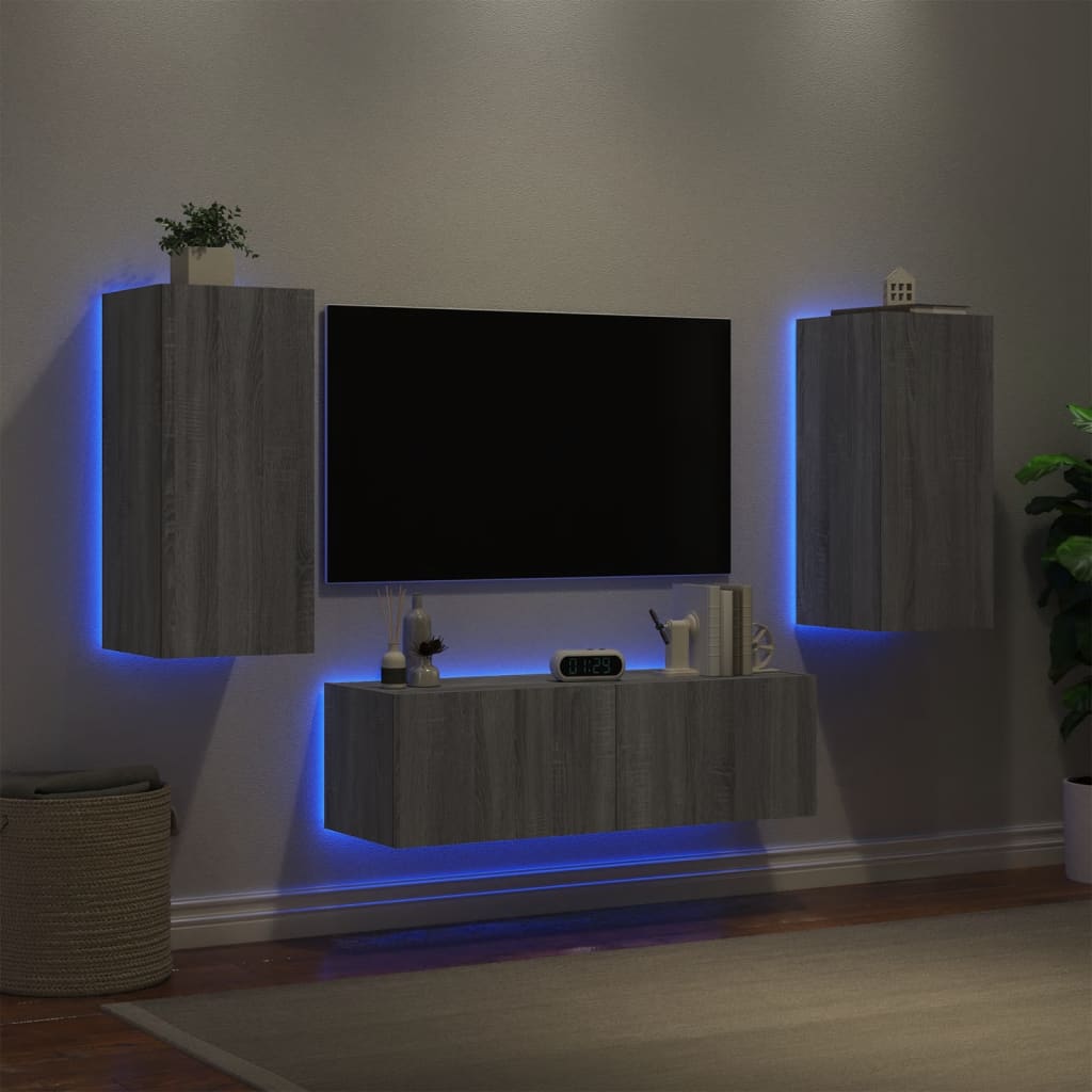 vidaXL 3 Piece TV Wall Cabinets with LED Lights Grey Sonoma