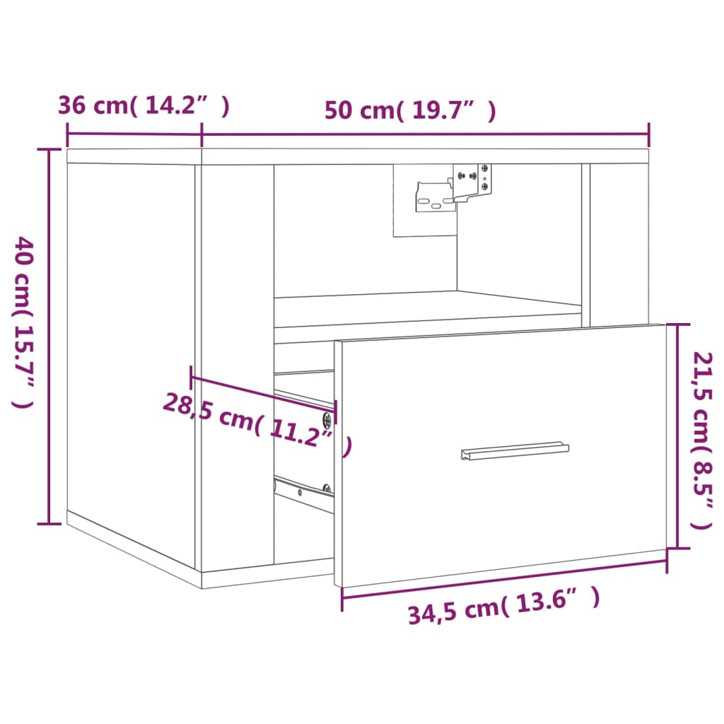 vidaXL Wall-mounted Bedside Cabinet Black 50x36x40 cm