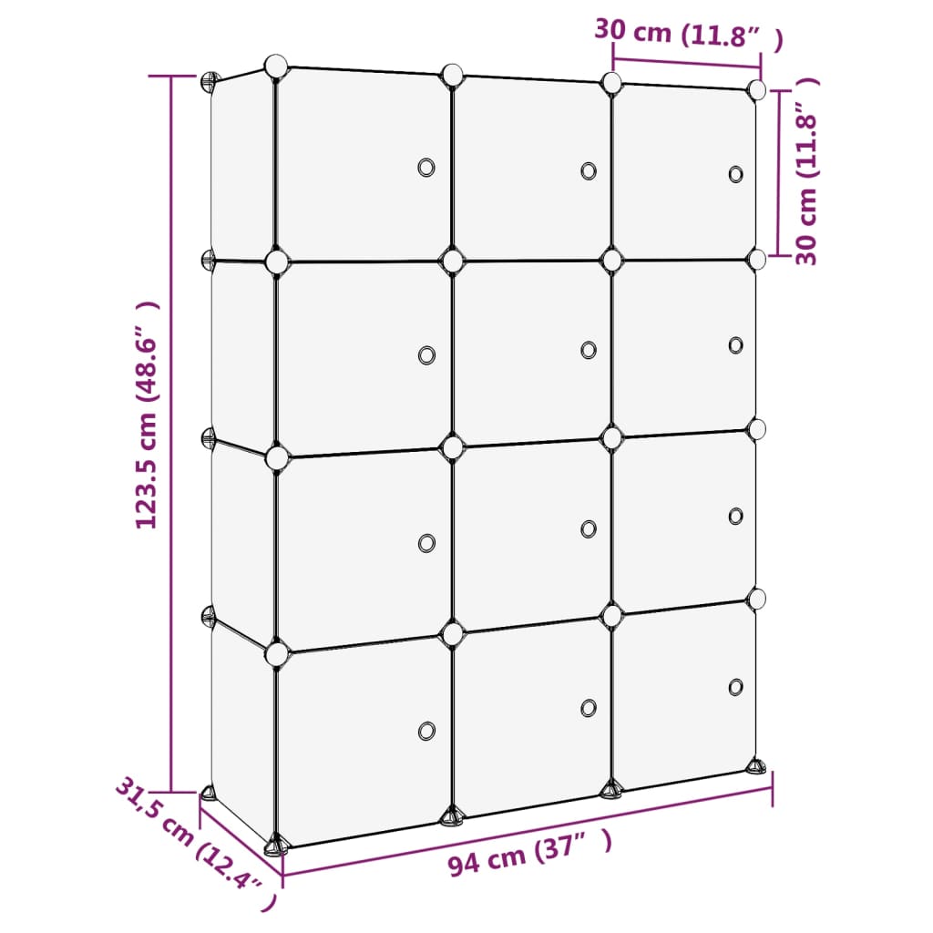 vidaXL Storage Cube Organiser with 12 Cubes and Doors Transparent PP