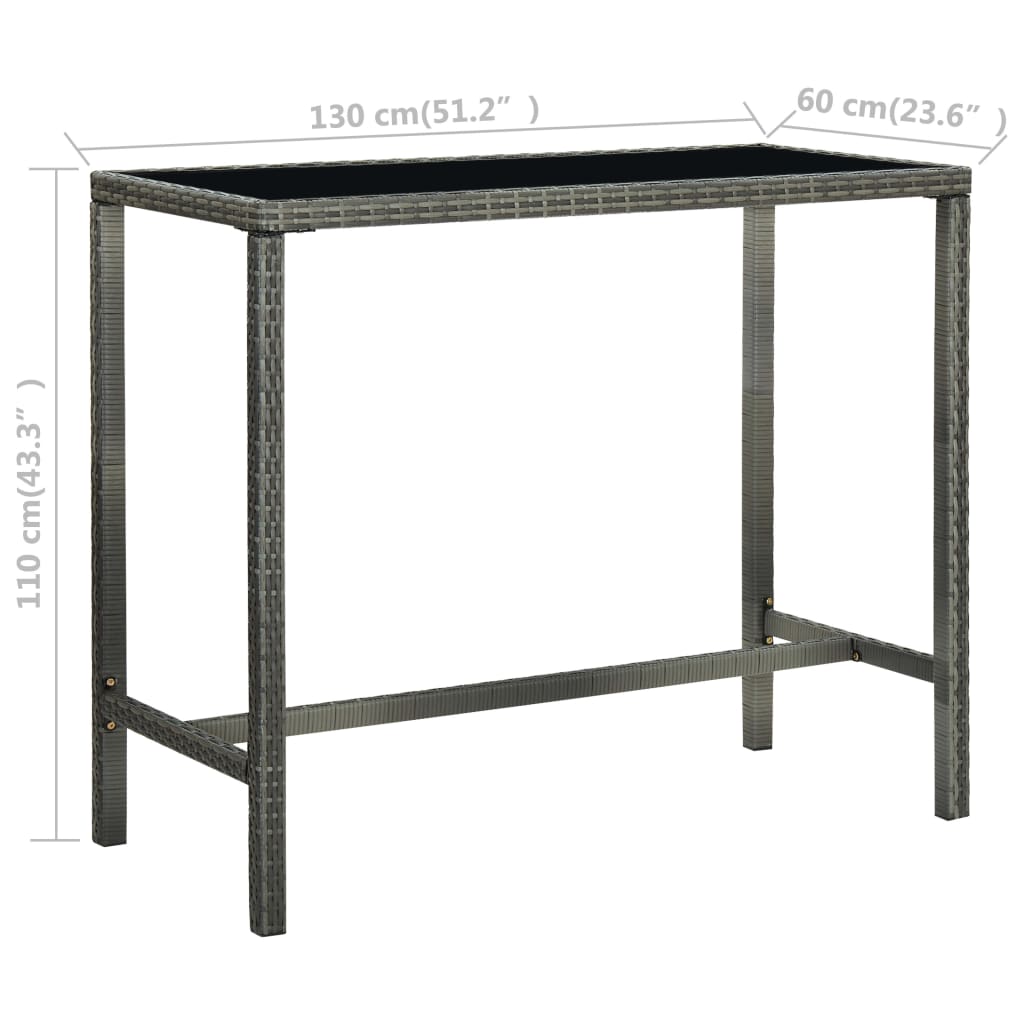 vidaXL Garden Bar Table Grey 130x60x110 cm Poly Rattan and Glass