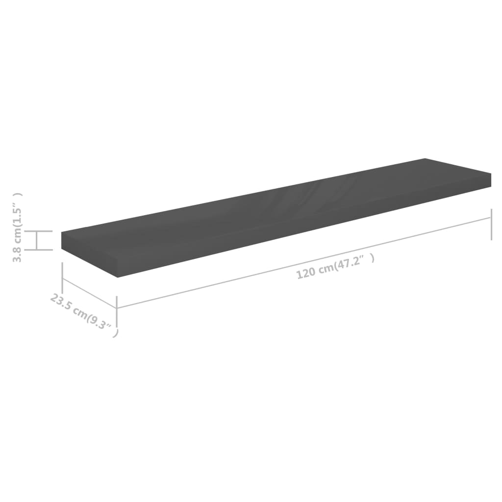 vidaXL Floating Wall Shelves 2 pcs High Gloss Grey 120x23.5x3.8 cm MDF