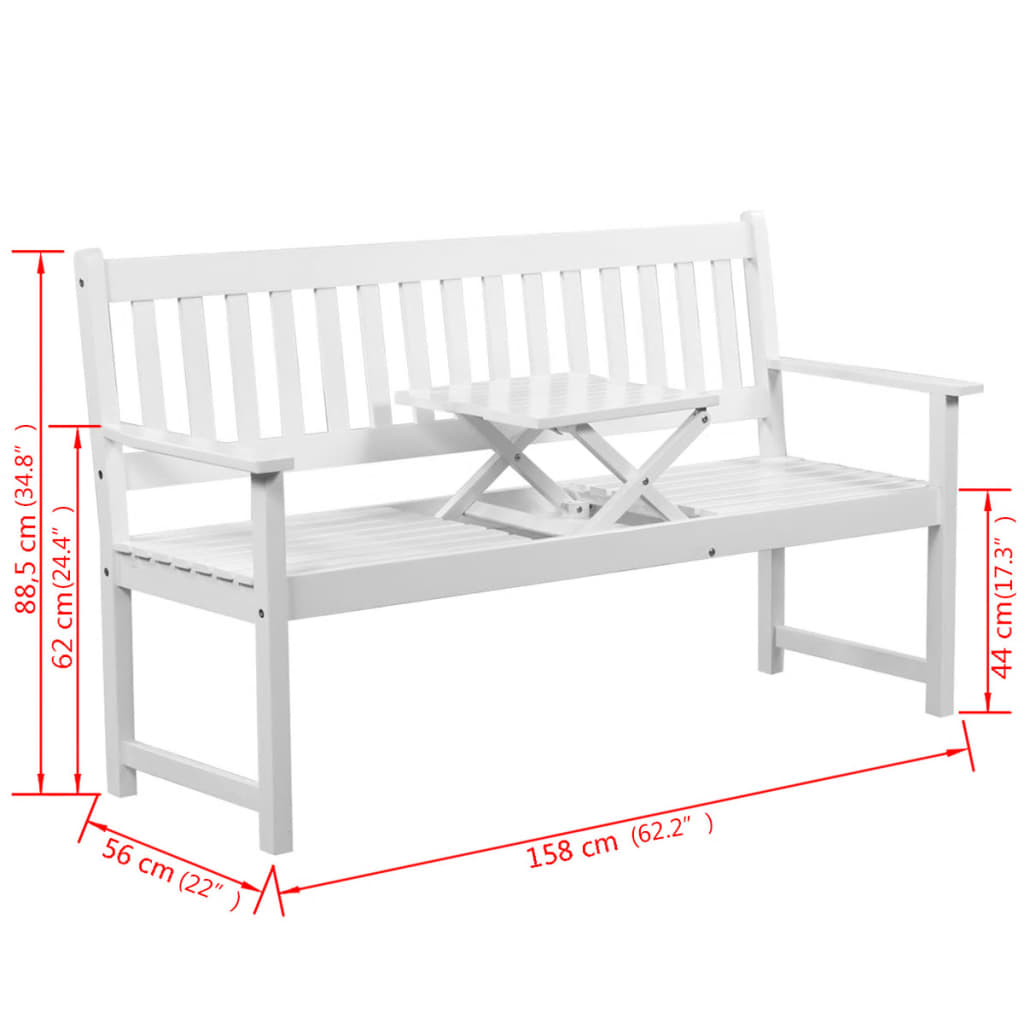 vidaXL Garden Bench with Pop-up Table 158 cm Solid Acacia Wood White