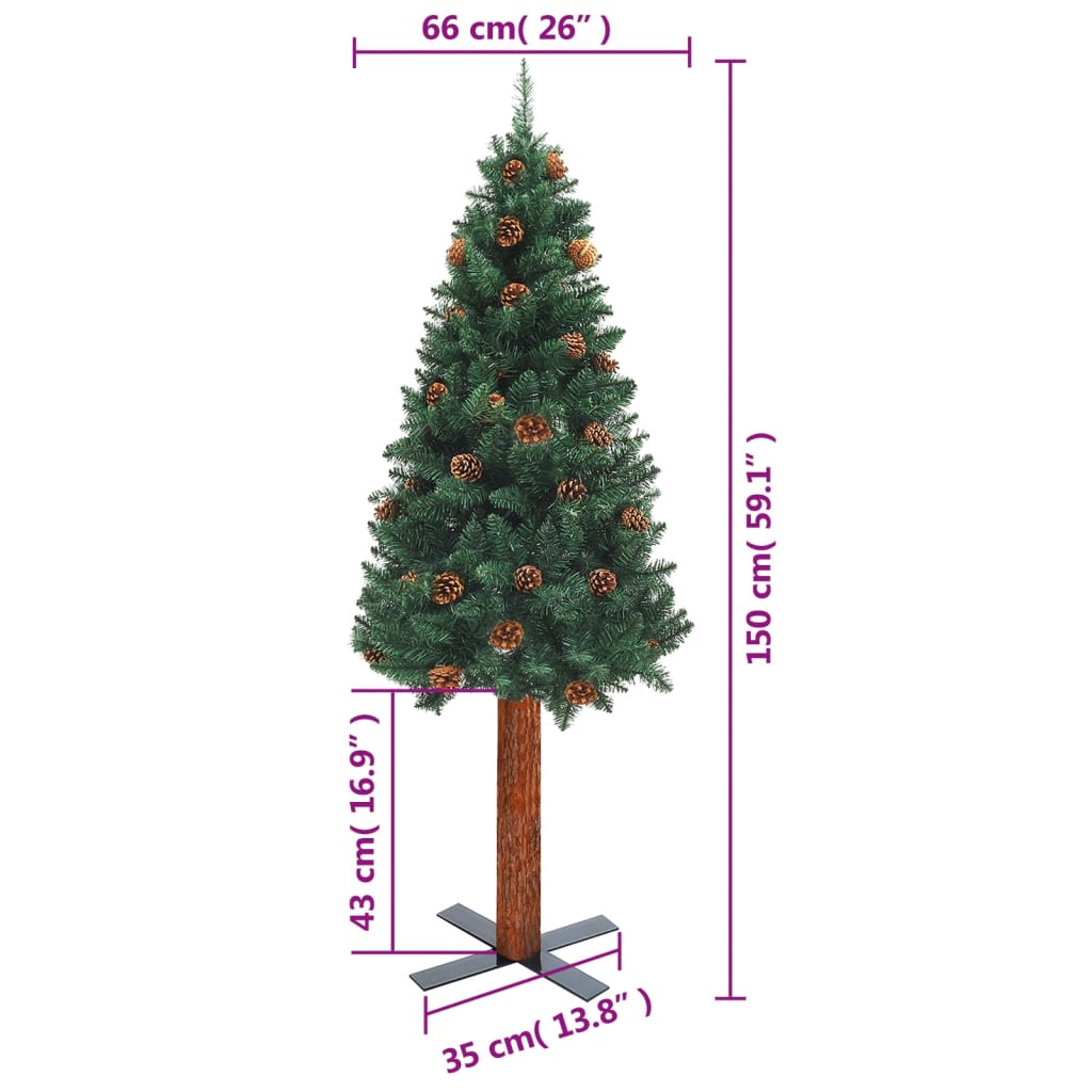 vidaXL Slim Christmas Tree with Real Wood and Cones Green 150 cm PVC
