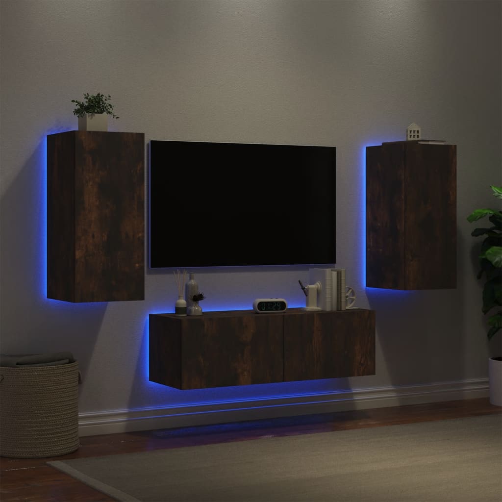 vidaXL 3 Piece TV Wall Cabinets with LED Lights Smoked Oak