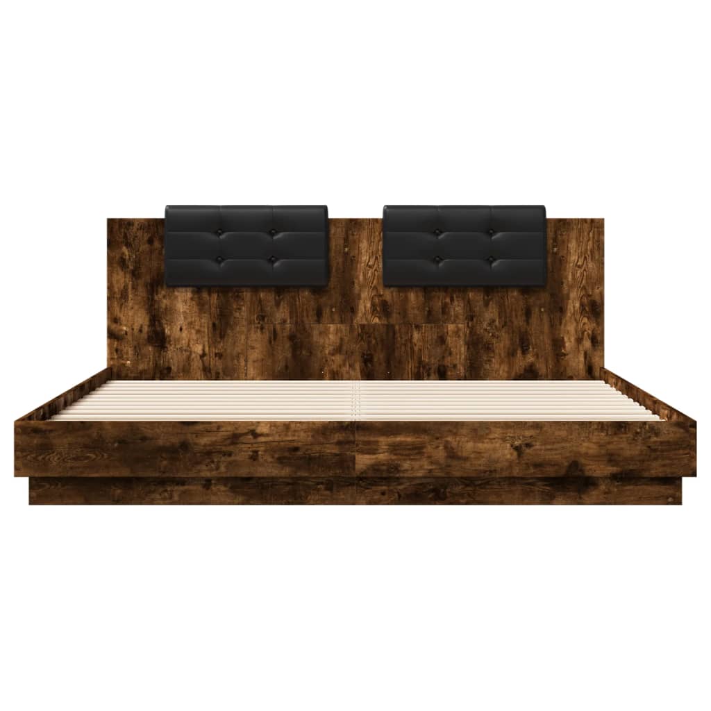 vidaXL Bed Frame with Headboard and LED Lights Smoked Oak 180x200 cm Super King