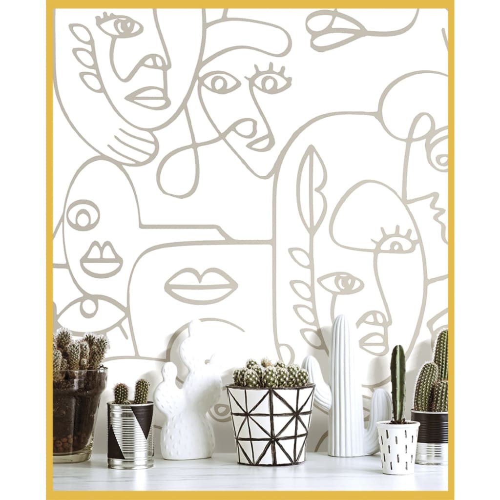 Noordwand Wallpaper Friends & Coffee Line Art Faces White and Metallic