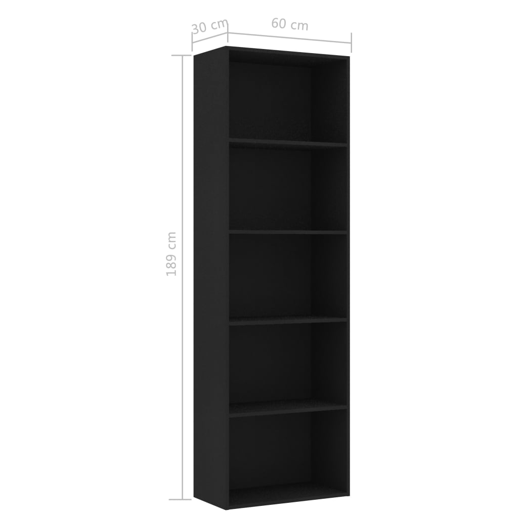 vidaXL 5-Tier Book Cabinet Black 60x30x189 cm Engineered Wood