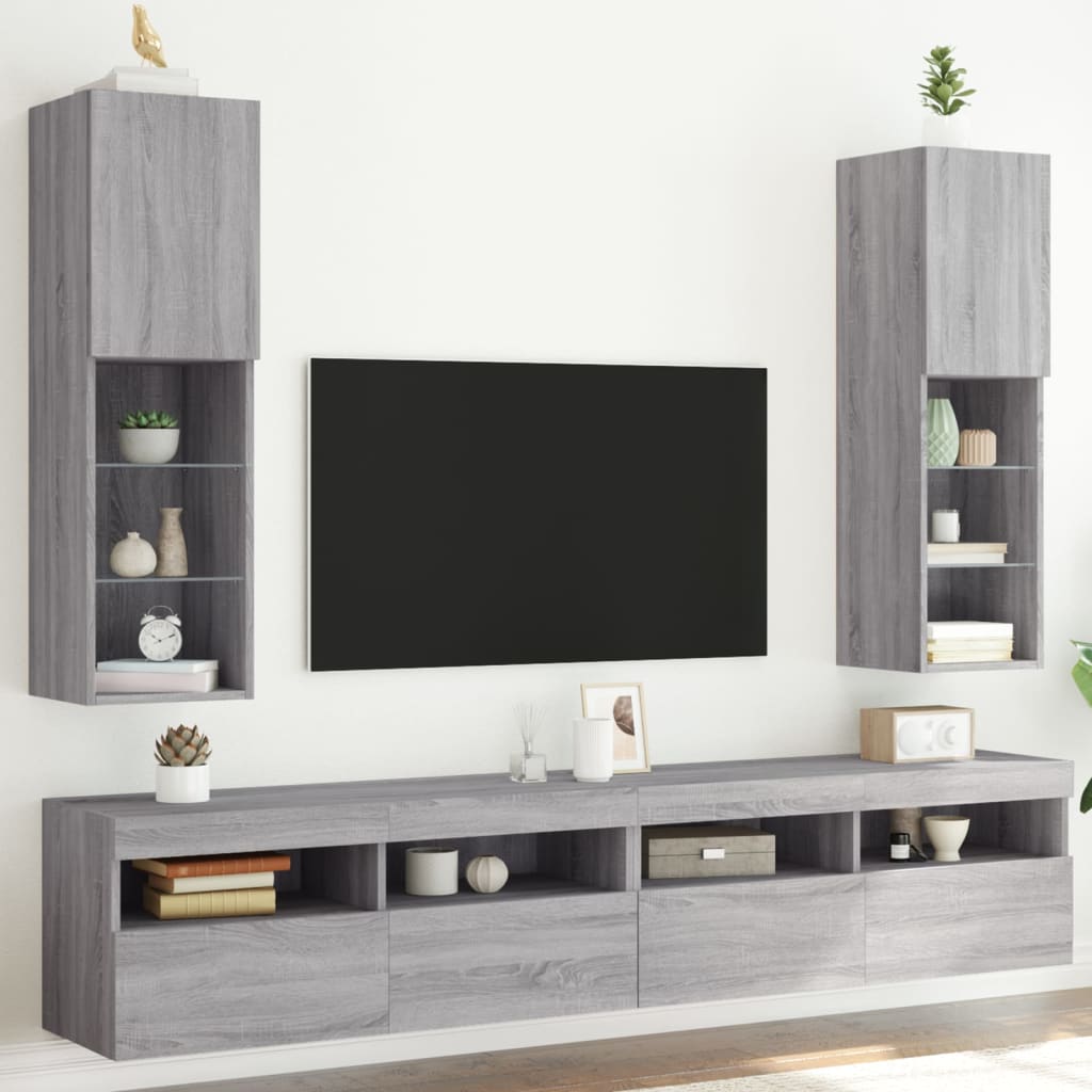 vidaXL TV Cabinets with LED Lights 2 pcs Grey Sonoma 30.5x30x102 cm