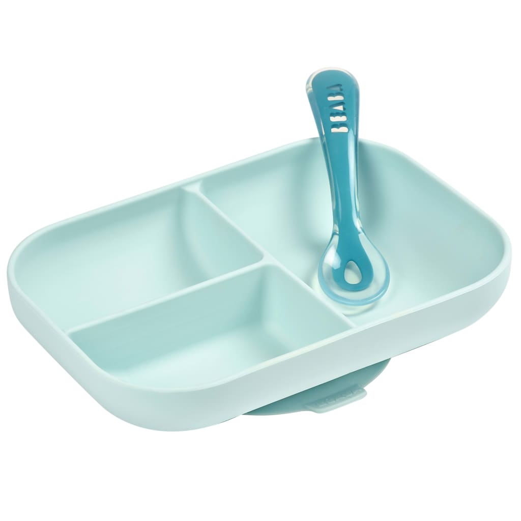 Beaba 2 Piece Compartment Baby Plate Set Silicone Blue